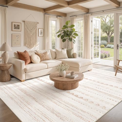 Beige Brown 8x10 Boho Area Rug - Machine Washable, Non-Slip, Soft for Living Room