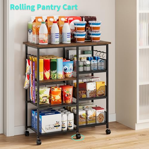 HapiRm Brown Rolling Kitchen Cart with Storage, Microwave Stand, 6 Hooks & 3 Baskets