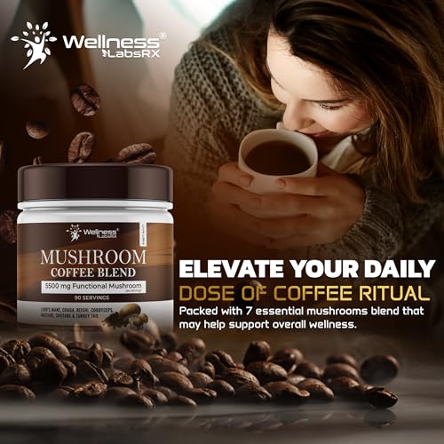 Organic Mushroom Coffee Instant Pack of 2 - 6.35oz, 7 Superfood Mushrooms Blend, 180 Servings