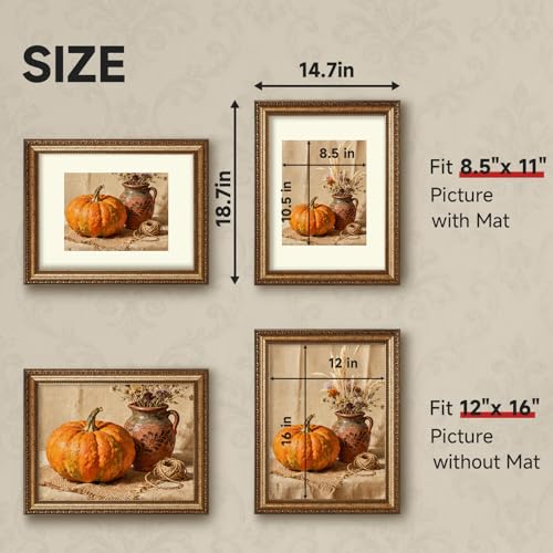 Antique Gold 12x16 Picture Frame Set - Vintage Gold Finish, Mat for 8.5x11 Prints - 4 Pack