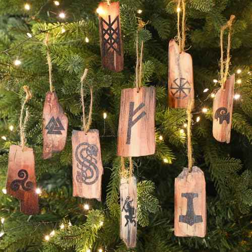 9 Pcs Viking Rune Yule Ornaments Pagan Wooden Christmas Tree Hanging Decorations Natural Wood Retro Ornaments for Xmas Party Decor