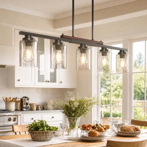 Amico 5-Light Seeded Glass Island Chandelier - Dining Room & Kitchen Pendant Light Fixture