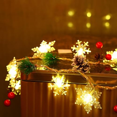 30 Led 10ft Christmas Garland Snowflake Lights, Pine Cones Red Berry Battery Operated Fairy String Lights 8 Lighting Modes with Timer Indoor Outdoor Tree Decor Fireplace Mantle Decorations Warm White