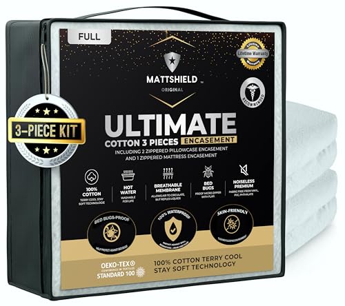 Cotton Zippered Bed Bug Mattress Cover Full Size 6-Sided Waterproof Encasement - Ultimate Bed Protection Kit