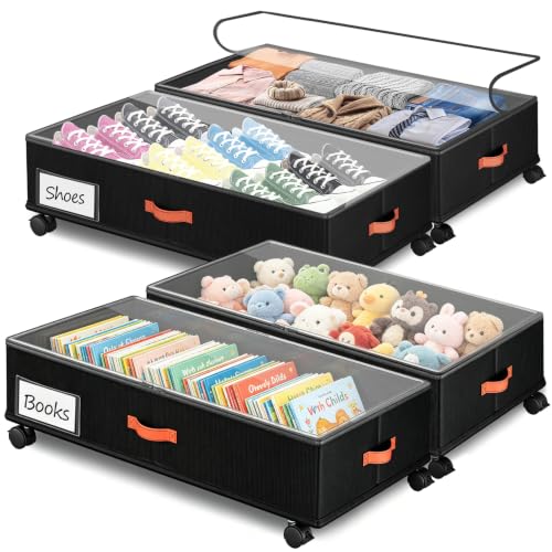 Tsinglax 66L Under Bed Storage Containers 4-Pack with Wheels, Black, 30" x 16" x 7.5"