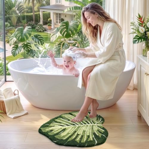 Ample Monstera Green Leaf Bathroom Rug 23.5x31.5 Non-Slip Absorbent Bath Mat