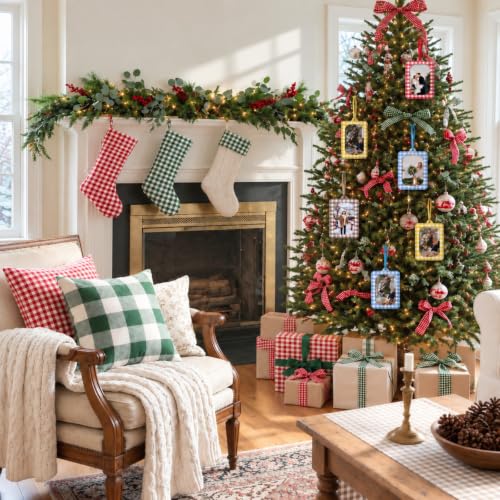 Pinkunn 12 Pcs Christmas Gingham Photo Frame Ornaments 2x3 in Multi Color - Cotton Rustic