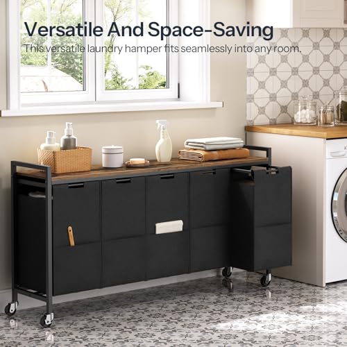 Laundry Sorter with 5 Removable Oxford Fabric Bags and Wheels - Rustic Brown & Black