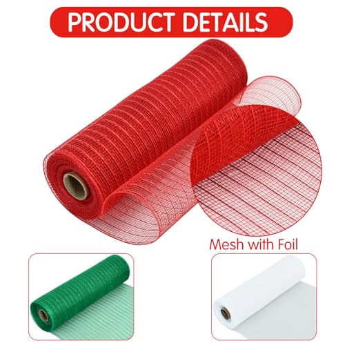 TONIFUL Red White Green Decorative Mesh Ribbon Rolls 10 Yards, 3 Pack for Christmas Wreaths & Party Decor