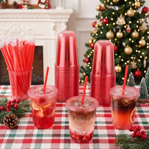 Red 16oz Cups with Lids & Straws - 100 Pack, 100 Lids & 100 Straws - BPA-Free PET