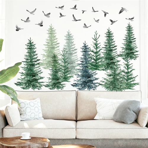 Large Pine Tree Wall Stickers Watercolor Green Trees Wall Decals Peel and Stick Evergreen Tree Stickers Removable Woodland Forest Trees Flying Birds Decals for Bedroom Living Room Decor