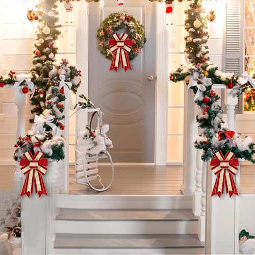 Stripe Christmas Wreath Bows - Red & Gold 2pc Burlap Linen Holiday Decor