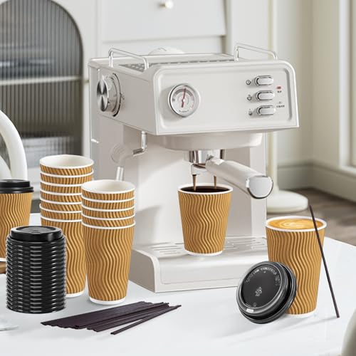 Champagne 16 oz Coffee Cups with Lids & Straws - Disposable Paper Set, 50 Pack