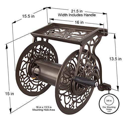 Decorative Cast Aluminum Wall Mount Garden Hose Reel - Holds 125 Feet, No Guide, Bronze Finish