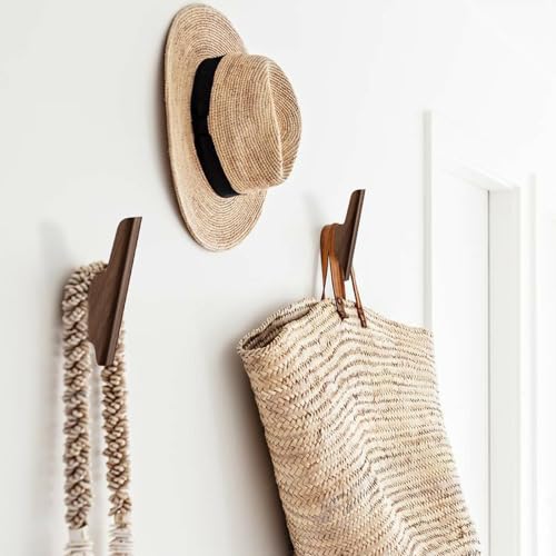 FCOWK Walnut Wooden Wall Hooks 4-Pack - Heavy Duty Coat & Towel Hooks for Bathroom & Home