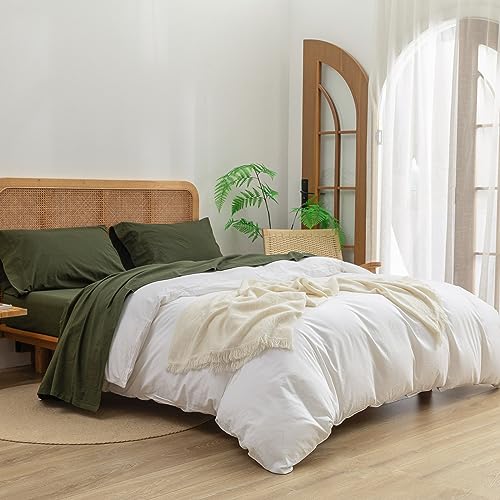 Queen Size Washed Cotton Linen Feel Sheet Set - Olive Green, 4 Pieces