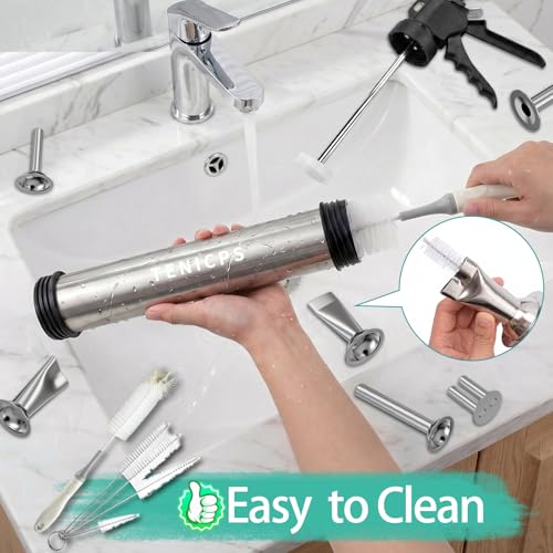 TENICPS Stainless Steel Jerky Gun Kit with 5 Nozzles, Sausage Maker, Food-Grade Meat Stuffer, Includes Brushes, Pusher & Gloves