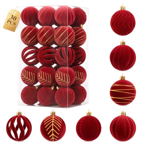 WISELIFE Red Velvet Christmas Ball Ornaments 30 Pack, 2.4in, with Gold Caps