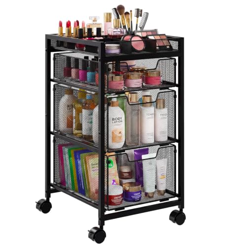 JKsmart Black 4-Tier Rolling Makeup Cart with 3 Drawers & Dividers