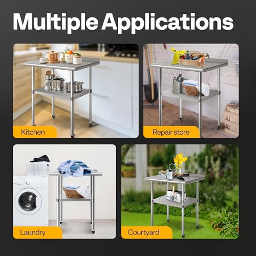 VIVOHOME 24 x 18 Inch Stainless Steel Work Table with Backsplash & Wheels, Height-Adjustable Shelf