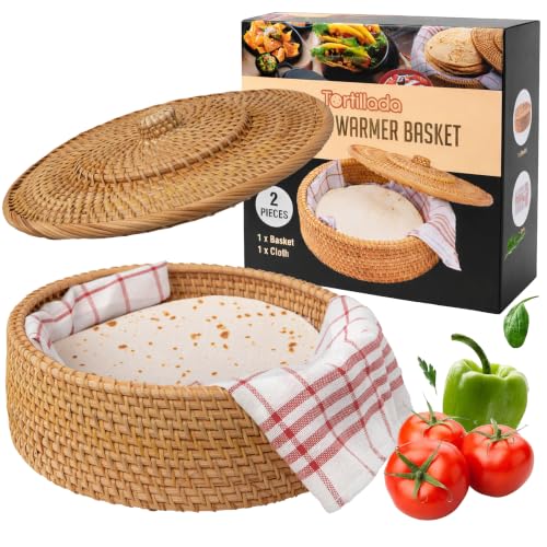 10-Inch Rattan Tortilla Warmer Basket with Cotton Cloth - Keeps Flatbreads Warm