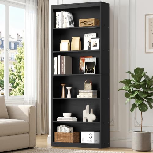Vongrasig 71-Inch Tall Black Bookshelf - Modern Wooden Display Bookcase