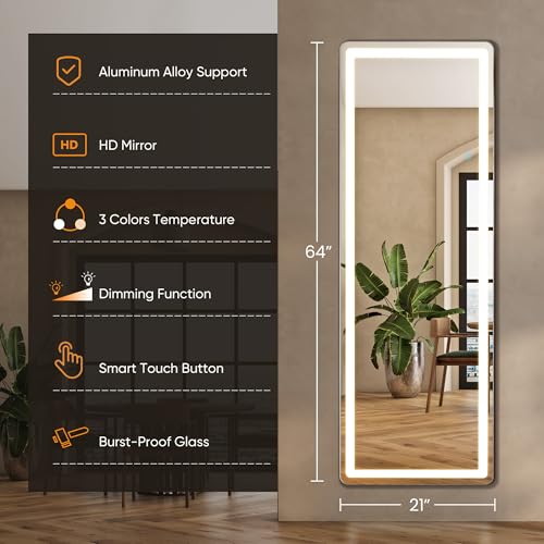 LED Full Length Standing Mirror 64" x 21" with Three Color Modes - White LED Arched Floor Mirror