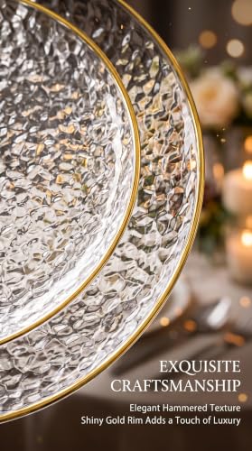 SUT 100Pcs Clear Disposable Plastic Plates with Gold Rim - Heavy Duty & Elegant Wedding Dinnerware, Include 50 Dinner & 50 Dessert Plates