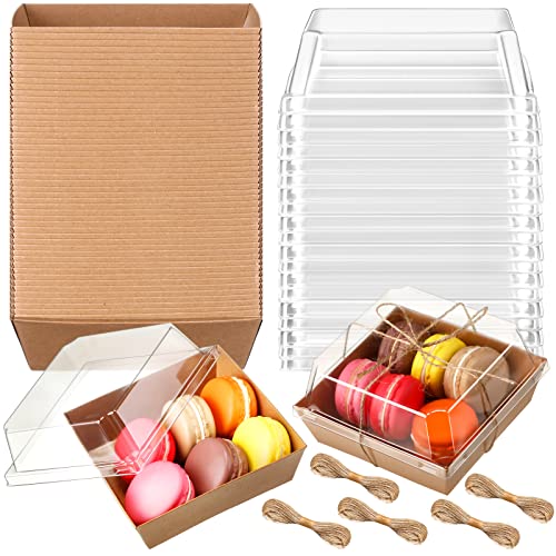 Kraft Charcuterie Boxes with Clear Lids - 150 Pack 4-Inch Bakery Food Containers with Jute Rope