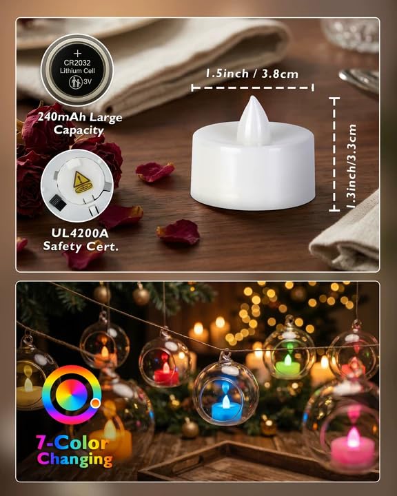 Homemory 12-Pack 7-Color Changing Flameless Tea Lights (White Body) – 200+ Hours