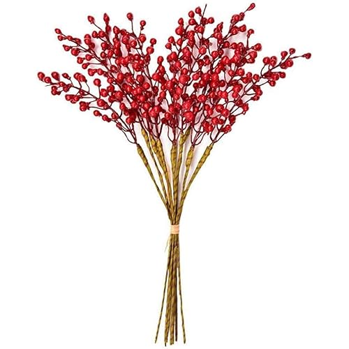 GREENTIME Artificial Red Berry Stems 8 Pack, Festive Christmas Tree Picks, Autumn Fall Home Decor and New Year's Eve Decorations Picks for Holiday Celebrations for Thanksgiving Day Halloween