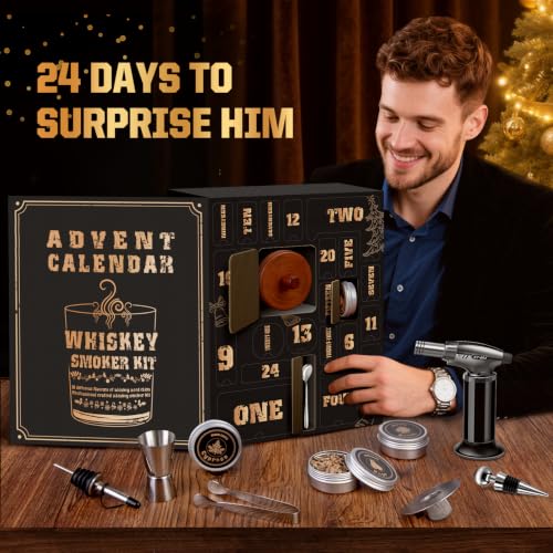 Black Whiskey Advent Calendar 2026 with Smoker Kit for Men, 24-Day Holiday Gift