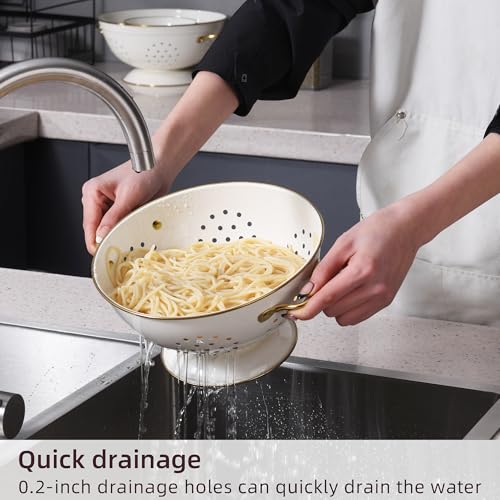 Cream Metal Colander Set of 3 - Stainless Steel Kitchen Strainers for Pasta & Vegetables