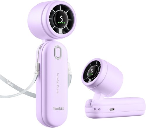 Diveblues Mini Portable Turbo Fan - 12H Max Cooling, 4000mAh Battery, 3-in-1 Handheld/Neck/Desktop Fan