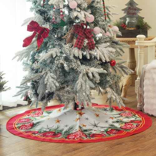 CROWNED BEAUTY Christmas Tree Skirt Collar 48 Inch Red Balls Soft Farmhouse Holiday Decoration (Red) TS38