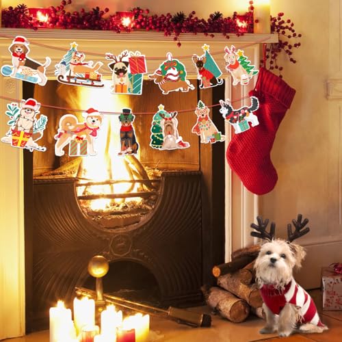 Cute Christmas Dog Puppy Reindeer Antlers Hanging Scarf Hat Banner for Xmas Birthday Holiday New Year Party Wall Home Office Decor