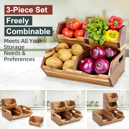 Acacia Wood Pantry Storage Bins Set - Stackable Fruit and Vegetable Organizer