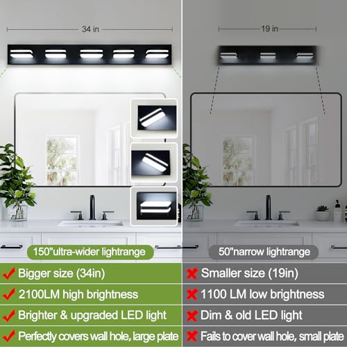 Torondo 34-Inch Matte Black 5-Light LED Bathroom Vanity Light Fixture, 360° Rotatable, Acrylic Modern Wall Lighting Over Mirror