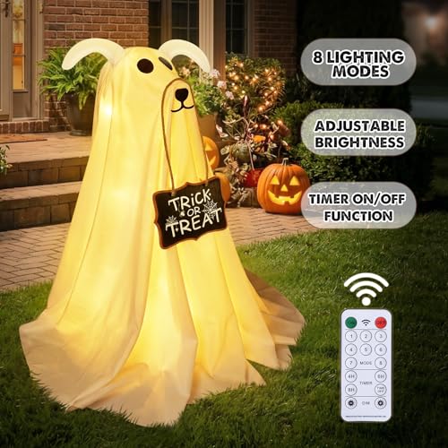 2 Pack Light-Up Ghost Dog Halloween Decorations - 2.3 FT Spooky & Cute Yard Decor with Signs