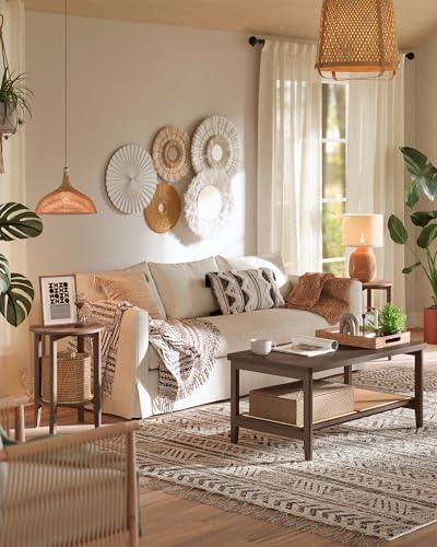 VASAGLE Boho Round Side End Table Black Walnut 1-Pack Rattan Look