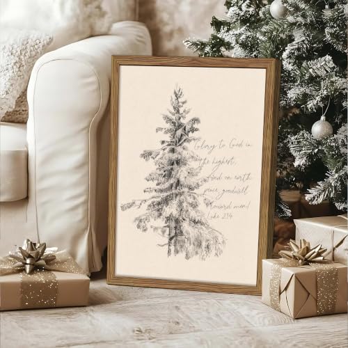 Framed Christmas Tree Wall Art - Vintage Bible Verse Canvas (16x24) Framed
