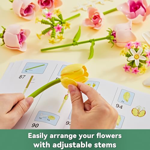 Building Set for Adults - Tulip and Rose Flower Bouquet DIY Kit, 487 Pieces