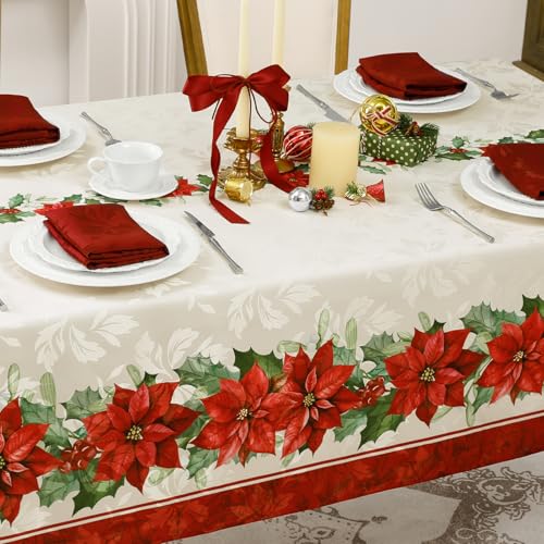 Romanstile Christmas Red Poinsettia Jacquard Rectangle Tablecloth 60x120 Inch Holiday Decor