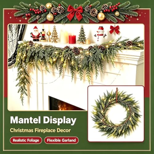 9FT Christmas Cedar Garland with 16.4FT Lights - Real Touch Faux Pine for Indoor/Outdoor Decor