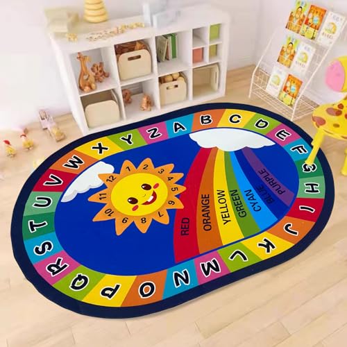 USTIDE Large Oval Kids Classroom Rug 6x9 Rainbow ABC Alphabet Playmat with Non-Slip Backing - Rainbow Sun Variation