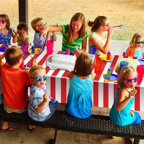 Carnival Theme Party Decorations Tablecloths, Circus Plastic Table Covers Rectangle Disposable Red and White Striped Tablecloth Supplies for Kids Birthday Movie Night Christmas, 87'' x 51'', 2pcs