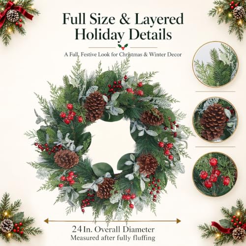 26" Large Christmas Wreath with Lights, Iced Red Berry & Pinecones