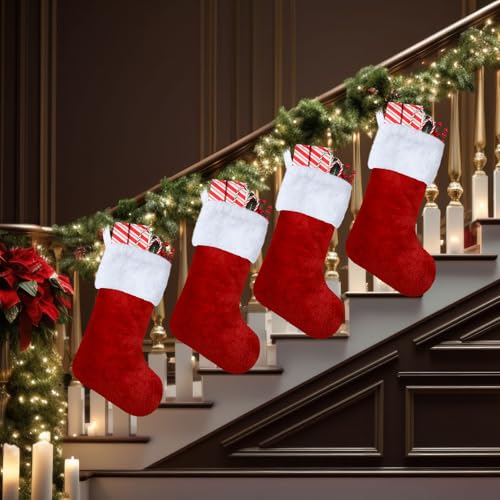 8 Set 18 Inch Red Christmas Stockings with Wood Name Tags - Plush