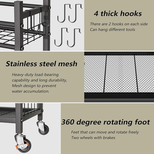 Black Garden Tool Organizer with Wheels - Multi-Tier Garage & Shed Storage, Side Hooks, 37.2 x 12.6 x 34.4 Inches