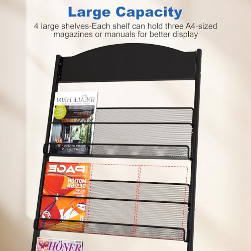 4-Layer Floor Standing Magazine Rack with Wheels & Top Billboard for Exhibitions & Offices